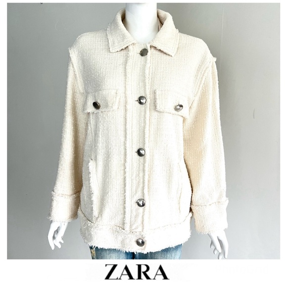 ZARA Cream Tweed Fringed Silver Button Up Front Pockets Chic Jacket Blazer Sz M - Picture 1 of 16